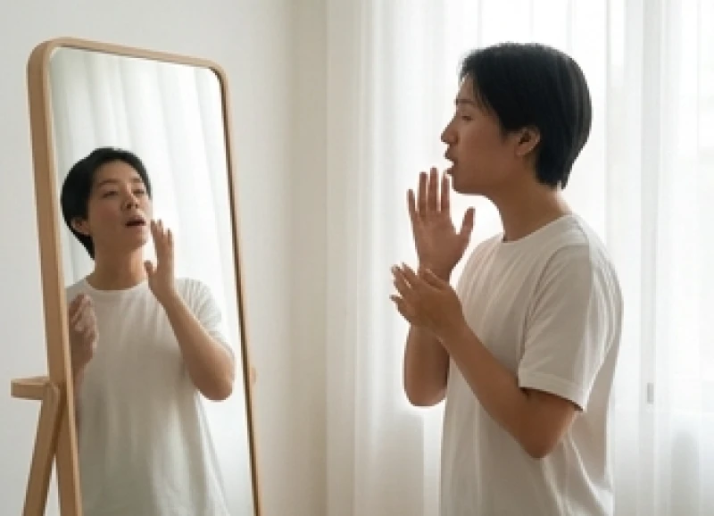 Người luyện tập điều chỉnh tư thế và khẩu hình miệng trước gương nhằm cải thiện chất giọng