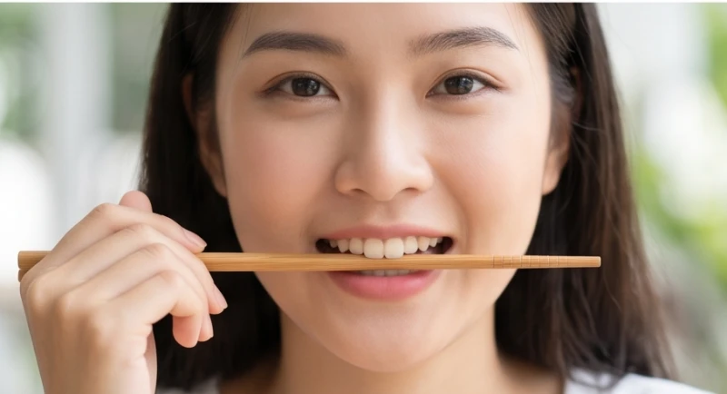 Bài tập ngậm đũa ngang miệng giúp cân bằng khóe môi và điều chỉnh khẩu hình
