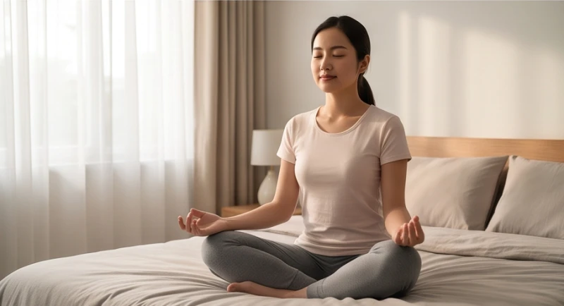 Người phụ nữ nhắm mắt thực hành bài tập hít thở sâu để thư giãn