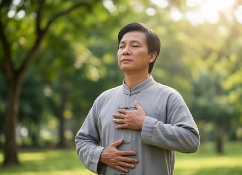 Người tập luyện thực hiện bài tập hít thở sâu vào buổi sáng sớm để cung cấp lượng oxy tươi dồi dào