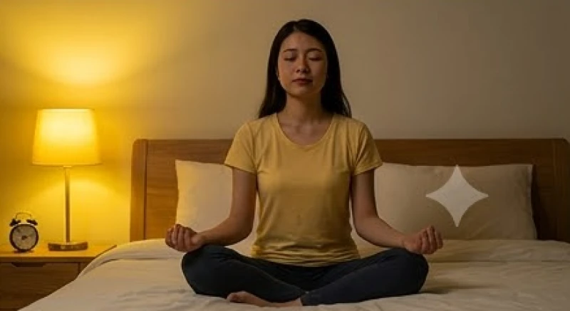 Mơ thấy cương thi: Giải mã ác mộng, cảnh báo sức khỏe & con số 8 Cô gái ngồi xếp bằng trên giường và thực hành bài tập thở sâu dưới ánh đèn vàng ấm áp