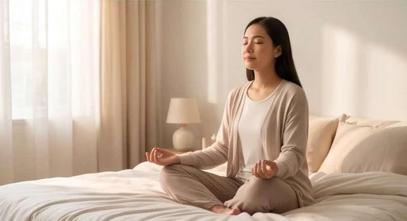 Mơ thấy chảy máu kinh: Giải mã điềm báo và góc nhìn y khoa 7 Một phụ nữ nhắm mắt thiền định nhẹ nhàng trên giường trong ánh sáng dịu nhẹ