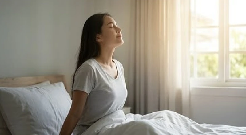Mơ thấy người khổng lồ: Điềm báo, sổ mơ và cách giải tỏa áp lực 6 Một người ngồi nhắm mắt thư giãn trên giường với ánh sáng ban mai nhẹ nhàng chiếu qua khung cửa sổ