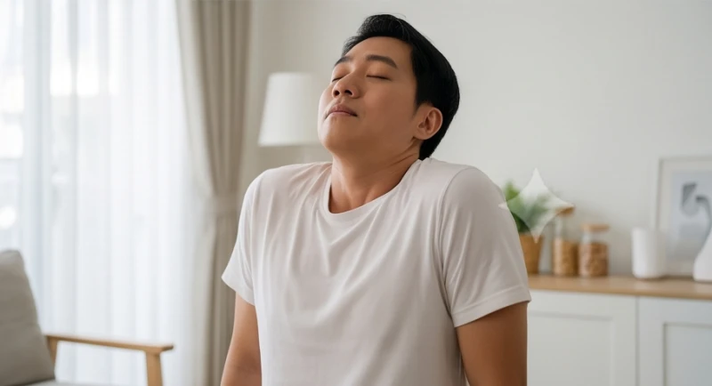 Người tập thực hiện động tác cuộn tròn bả vai ra phía sau để giải phóng các bó cơ ngực đang bị gồng cứng
