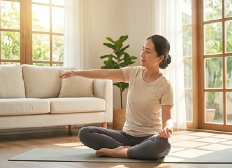 Sức Khỏe Tuổi Sửu: Hồ Sơ Bệnh Lý Trọn Đời Theo 5 Nạp Âm 8 Người phụ nữ tập yoga giãn cơ nhẹ nhàng trên thảm trong không gian nhà ngập nắng