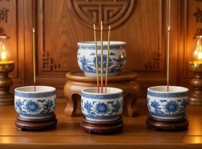 Ba bát hương bằng gốm sứ được xếp thẳng hàng trên mặt bàn thờ với bát chính giữa kê cao hơn hẳn
