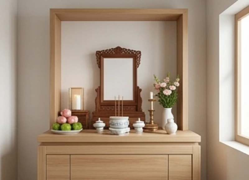 Không gian bàn thờ Bác Hồ được bài trí trang nghiêm với khung ảnh đặt vị trí trung tâm, quang đãng