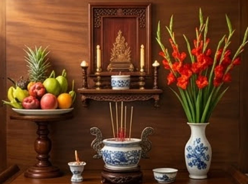 Mâm cúng Bà Bổn Mạng được bài trí chuẩn phong thủy với bát hương ở giữa, hoa và quả hai bên