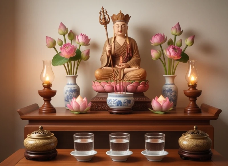 Văn khấn Địa Tạng tại nhà: Bài cúng cầu an, cầu siêu đúng lễ 3 Sơ đồ bài trí mâm bồng và lư hương trên bàn thờ Địa Tạng đặt cao hơn hẳn ban thờ gia tiên