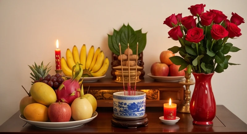 Sơ đồ sắp xếp bình hoa tươi ở hướng Đông và mâm quả ở hướng Tây trên bàn thờ truyền thống