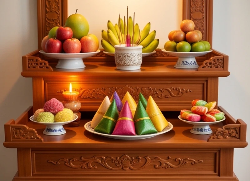 Cấu trúc bàn thờ Tứ Phủ tam cấp bằng gỗ chạm trổ tinh xảo với các mâm hoa quả và phẩm oản