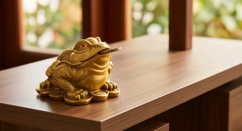 Tượng cóc ba chân ngậm tiền vàng được đặt ngay ngắn trên bàn làm việc và quay mặt vào trong