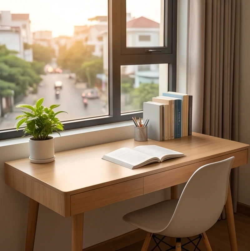 Bàn học bằng gỗ xếp gọn gàng với một chậu cây xanh nhỏ và giá sách được sắp xếp ngăn nắp