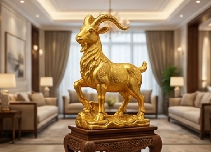 Một bức tượng dê kích thước lớn được đặt trang trọng trên đôn gỗ cao giữa không gian phòng khách