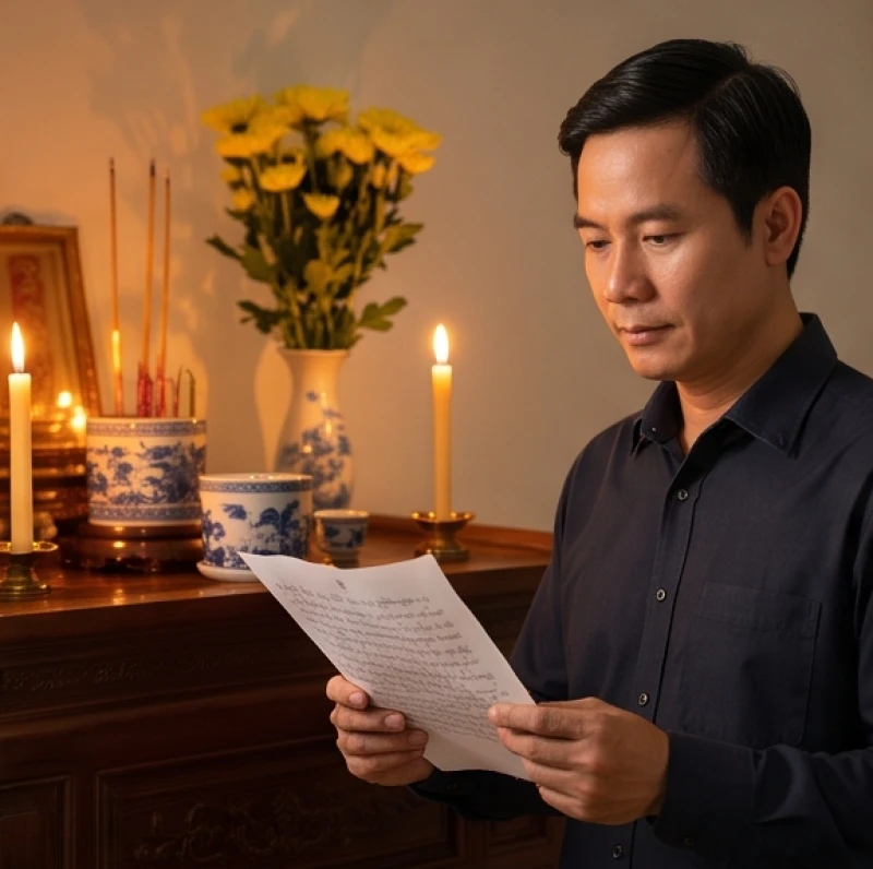 Người trụ cột trong gia đình cầm tờ giấy chép tay cẩn thận bài văn khấn 100 ngày tại nhà