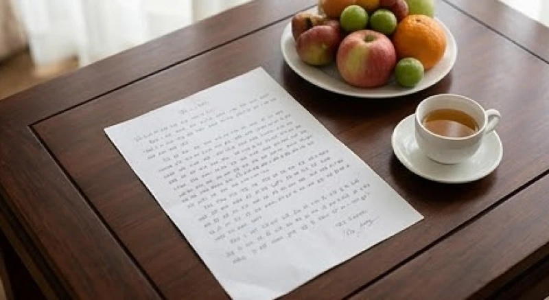 Tờ giấy ghi chép cẩn thận cấu trúc bài văn khấn báo cáo gia tiên đặt cạnh mâm quả trên bàn