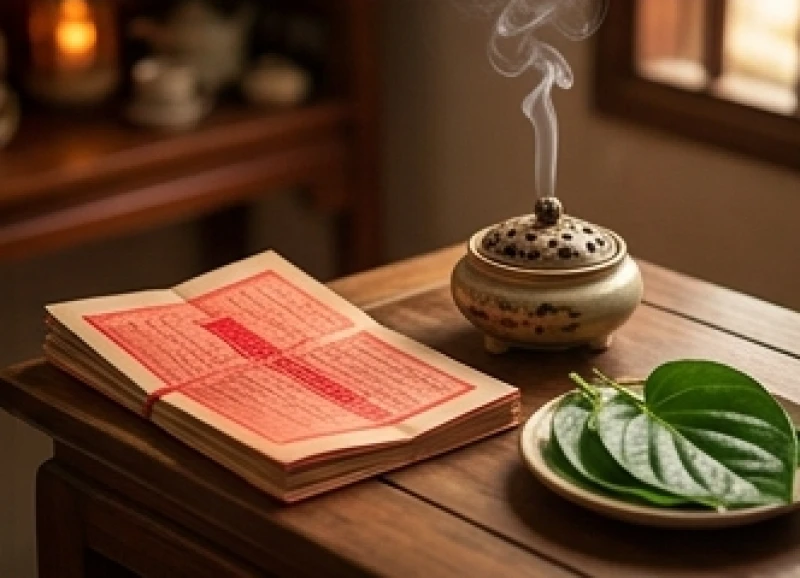Bản văn khấn cúng Mụ 12 tuổi được in sẵn và đặt cẩn thận trên bàn lễ cạnh bát hương