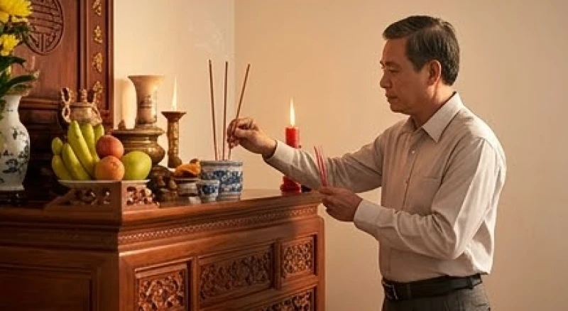 Văn khấn trước khi bao sái bàn thờ: Bài cúng xin phép đúng lễ 3 Người đàn ông mặc trang phục chỉnh tề thắp ba nén nhang trên bàn thờ gia tiên để xin phép dọn dẹp