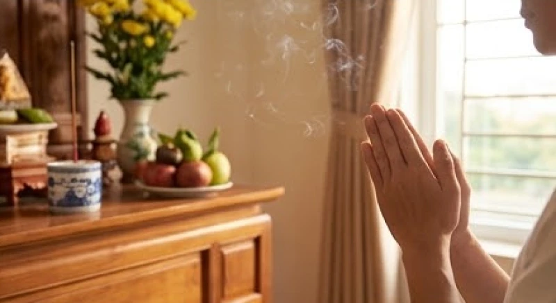 Văn khấn báo cáo gia tiên khi có việc làm mới: Bài cúng và lễ vật 5 Người lao động chắp tay trang nghiêm đọc rõ ràng thông tin cá nhân và tên công ty trước ban thờ