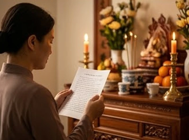 Văn khấn giỗ mẹ: Mẫu bài cúng Hiển tỷ và trình tự chuẩn nghi lễ 8 Gia chủ chắp tay nghiêm trang đọc văn khấn giỗ mẹ trước bàn thờ gia tiên sáng đèn