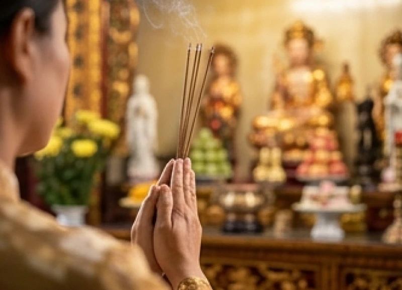 Tín đồ thành tâm chắp tay đọc bài văn khấn Đền Tranh trước ban thờ linh thiêng rực rỡ