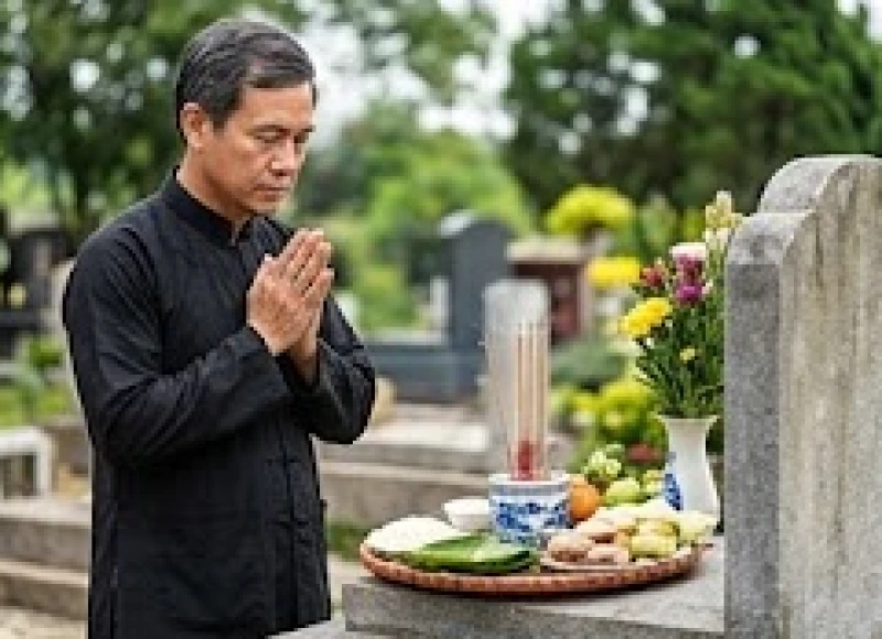 Văn khấn sửa mộ phần gia tiên: Trọn bộ bài cúng đúng nghi thức 5 Trưởng họ mặc trang phục lịch sự đang chắp tay thành kính đọc bài văn khấn sửa mộ trước mâm lễ