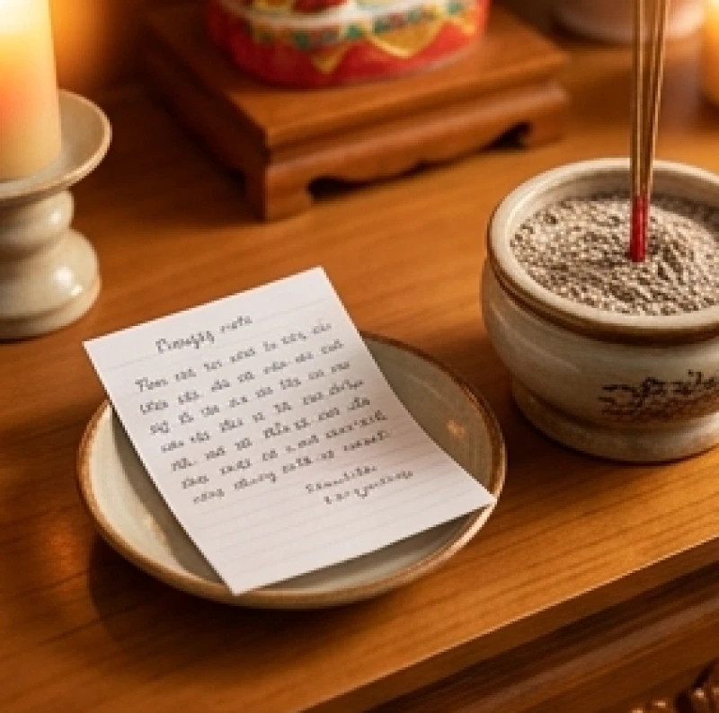 Văn khấn Thần Tài mùng 1 Tết: Bài cúng chiêu tài, giờ hoàng đạo 2 Bản chép tay bài văn khấn Thần Tài mùng 1 Tết đặt trang trọng trên chiếc đĩa nhỏ cạnh mâm cúng