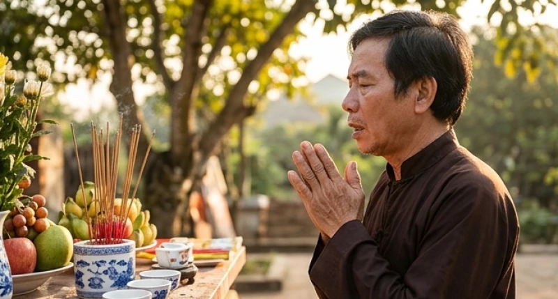 Gia chủ chắp tay thành kính đọc bài văn khấn trước mâm lễ cúng thần linh.
