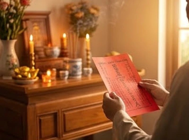 Văn khấn trưa 30 Tết: 3 bài cúng cổ truyền và trình tự hành lễ 1 Gia chủ thành tâm chắp tay đọc bài văn khấn trưa 30 Tết trước ban thờ gia tiên trang nghiêm ngập tràn ánh sáng ấm áp