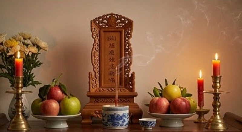 Cách ghi tên người khấn đúng chuẩn nghi thức: Công thức điền mẫu sớ 6 Bài vị bằng gỗ chạm khắc tinh xảo đặt trang trọng trên ban thờ gia tiên giữa làn khói hương mờ ảo