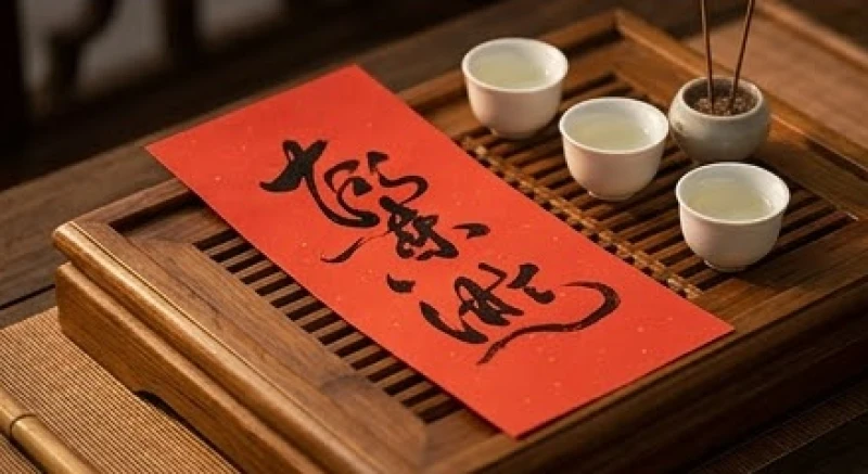 Tấm giấy màu đỏ viết chữ Nho bằng mực đen đặt ngay ngắn trên mâm lễ gỗ cùng ba ly rượu trắng và nhang trầm