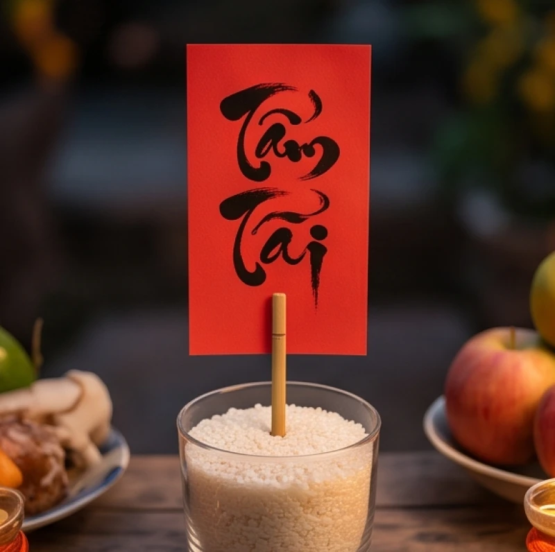 Văn khấn giải hạn Tam Tai đầu năm: Mẫu bài cúng và thủ tục xả hạn 5 Bài vị màu đỏ viết chữ đen được dán vào que tre và cắm chắc chắn giữa ly gạo cúng