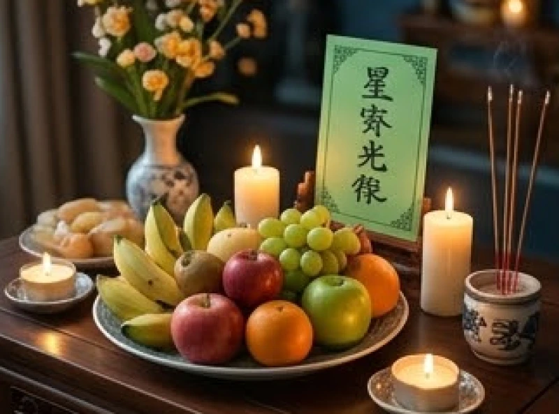 Mâm cúng sao giải hạn tại nhà với ngũ quả, hoa tươi, đèn cầy và bài vị màu xanh lá