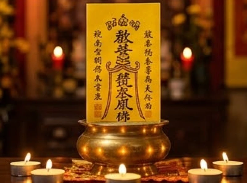 Bài vị bằng giấy màu vàng được đặt ngay ngắn trước bát hương lớn với nhiều ngọn nến xung quanh