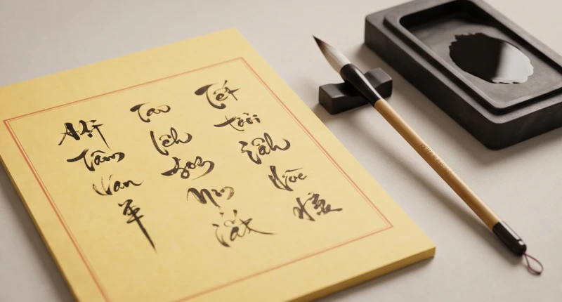 Tờ bài vị màu vàng sẫm viết chữ Hán nôm dùng trong nghi thức cúng sao Kế Đô