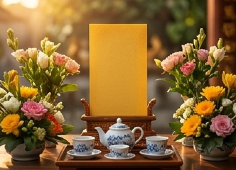 Sao Thái Dương chiếu mệnh: Ý nghĩa, bảng tuổi và cách cúng chuẩn 8 Bài vị chầu sao màu vàng được đặt trang trọng giữa mâm lễ vật cùng hương đăng và hoa tươi