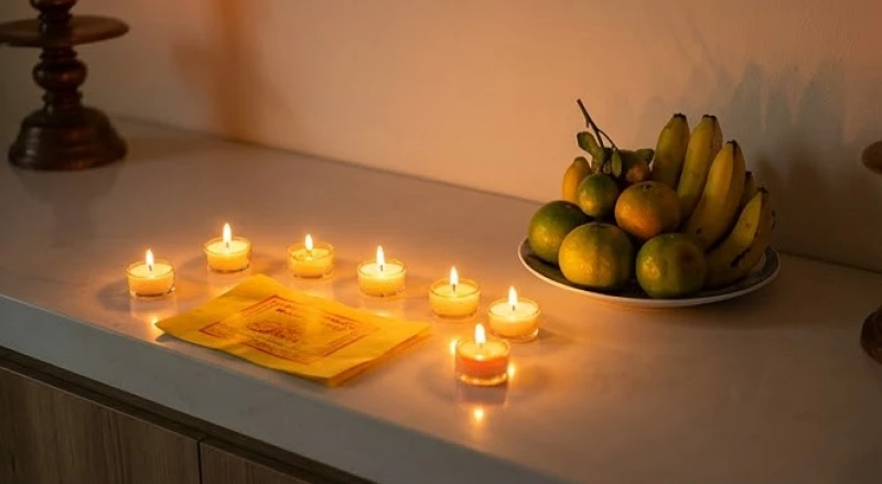 Mâm lễ vật cúng sao Thái Âm nổi bật với bài vị giấy vàng và bảy ngọn nến rực rỡ