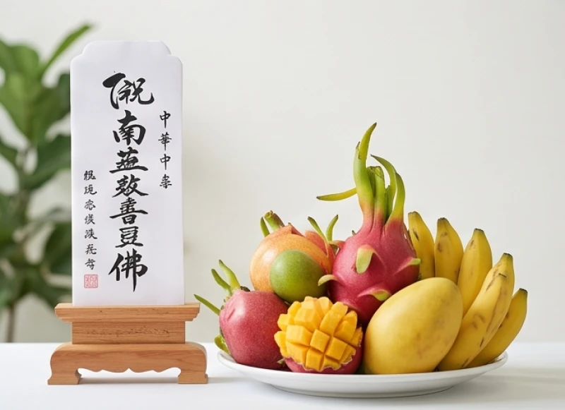 Tờ bài vị giấy màu trắng ghi tên tinh quân được đặt trang trọng cạnh mâm ngũ quả tươi