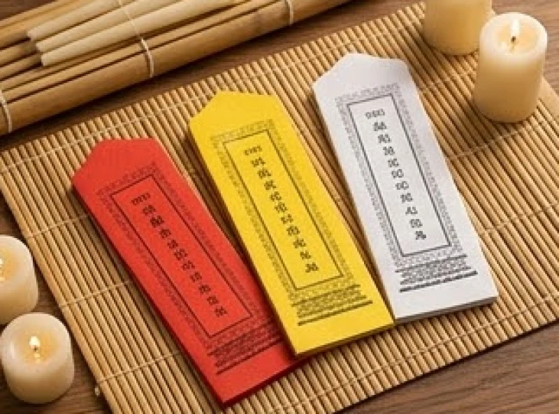 Ba mẫu bài vị giấy với các màu sắc đỏ, vàng, trắng đặc trưng dùng trong nghi thức cúng sao giải hạn