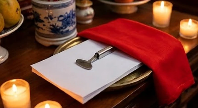 Bài vị cúng sao Thái Bạch bằng giấy trắng được chặn bởi một vật kim loại và phủ tấm vải màu đỏ bên trên