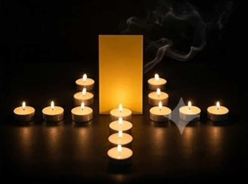 Bài vị giấy màu vàng được đặt trang trọng giữa 12 ngọn nến cháy sáng xếp theo hình chữ thập