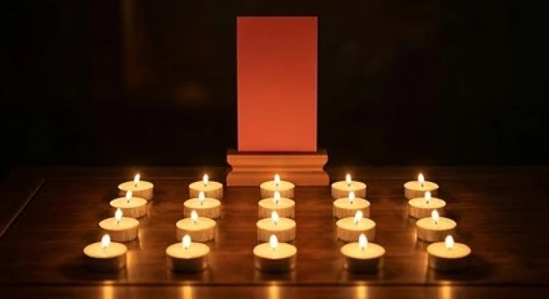 Mười lăm ngọn nến lung linh được thắp sáng cẩn thận cùng bài vị màu đỏ trên bàn thờ