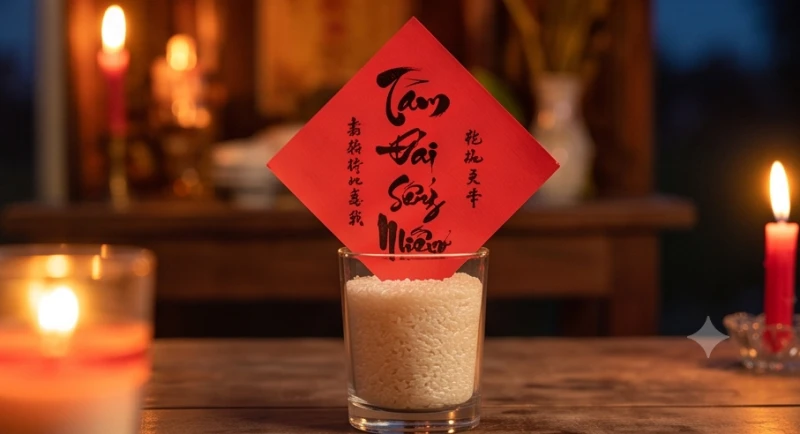 Bài vị giấy đỏ ghi danh hiệu thần cai quản năm được cắm trang trọng trên một ly gạo đầy chuẩn bị cúng