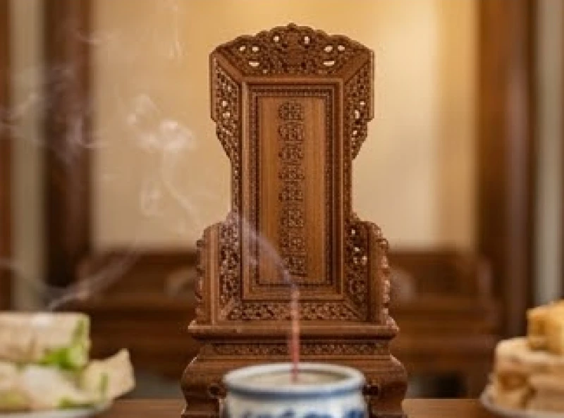 Bài vị Cửu Huyền Thất Tổ bằng gỗ chạm khắc hoa văn tinh xảo đặt trên bàn thờ