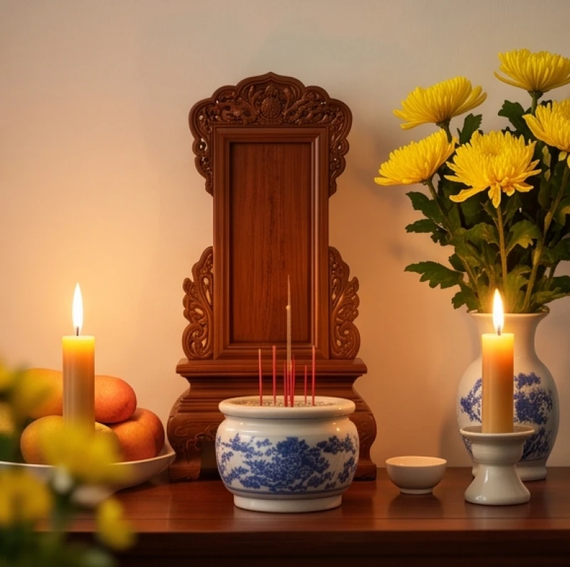 Văn khấn giỗ cha: Mẫu bài cúng chuẩn và trình tự hành lễ 6 Bài vị chữ Hán và bát hương trang nghiêm đặt chính giữa bàn thờ gia tiên
