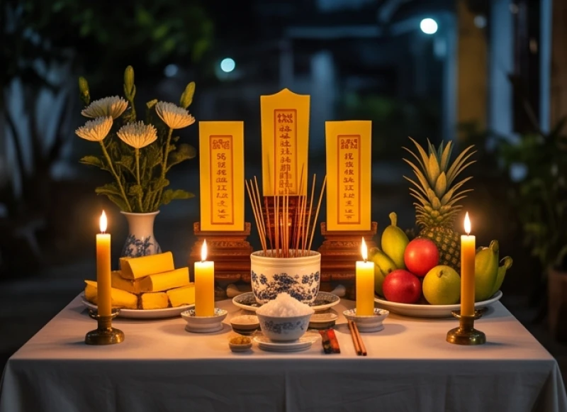Lễ vật và bài vị màu vàng được bày trí trang nghiêm để cúng giải hạn sao Kế Đô đầu năm