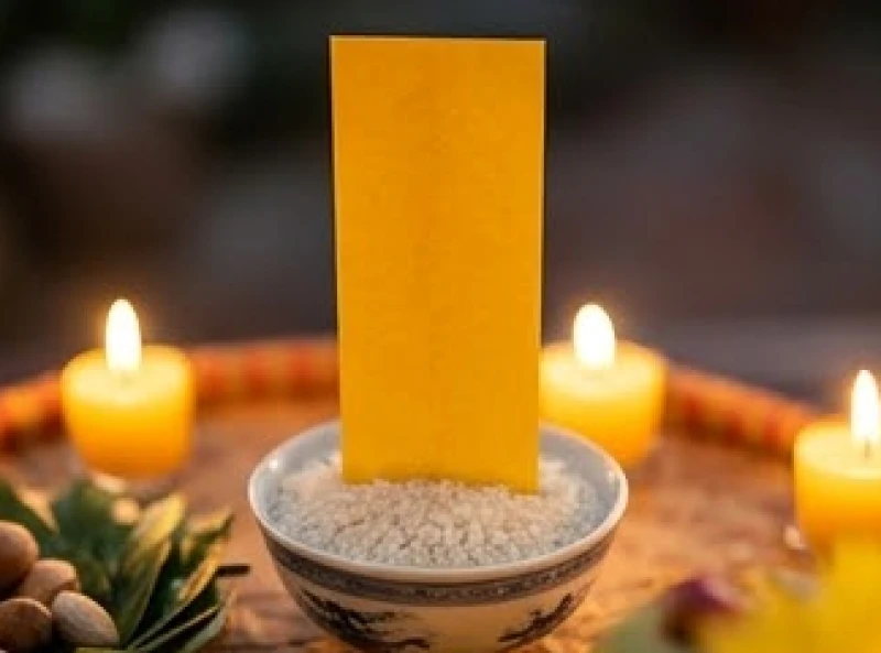 Văn khấn sao Thái Âm tại nhà: Sơ đồ 7 nến & bài cúng chuẩn 6 Bài vị giấy màu vàng ghi danh xưng Nguyệt Cung Thái Âm Hoàng hậu Tinh Quân được cắm giữa mâm lễ