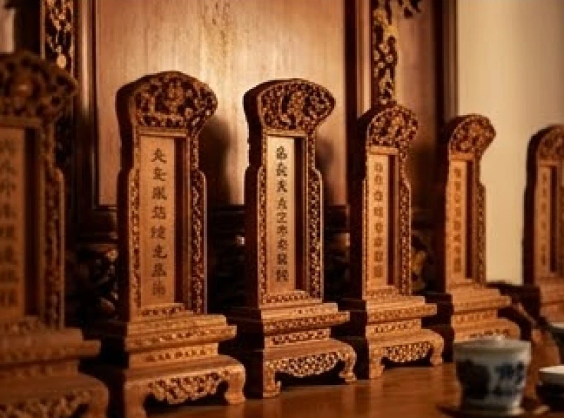 Những chiếc bài vị gỗ chạm khắc tinh xảo ghi danh tự của tổ tiên được sắp xếp theo thứ bậc trang nghiêm