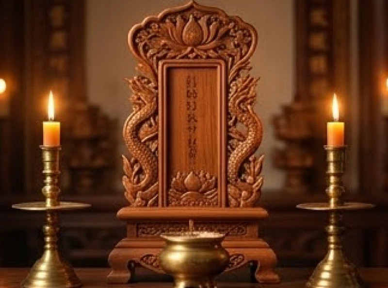 Bài vị bằng gỗ chạm khắc hoa văn tinh xảo đặt trên ban thờ gia tiên trang nghiêm