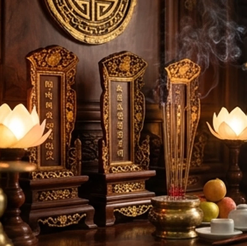 Bức hoành phi và bài vị trên ban thờ tổ tiên, nơi những danh xưng Hán Việt trang trọng được khắc ghi cẩn thận